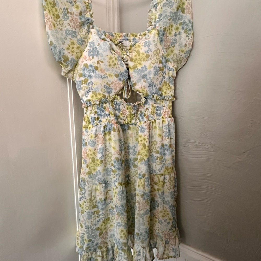 Blue and Yellow Ruched Tie Front Sundress